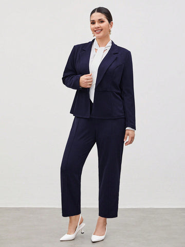 Plus Size Work Lapel Collar Long Sleeve Suit Jacket And Trousers Set