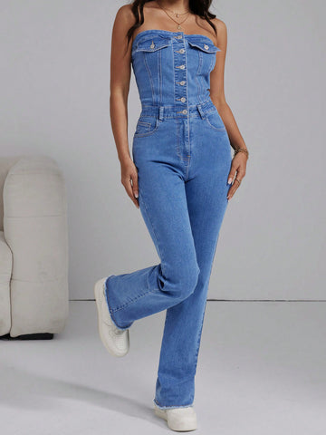 Women'S Denim Jumpsuit With Button Front And Strapless Design