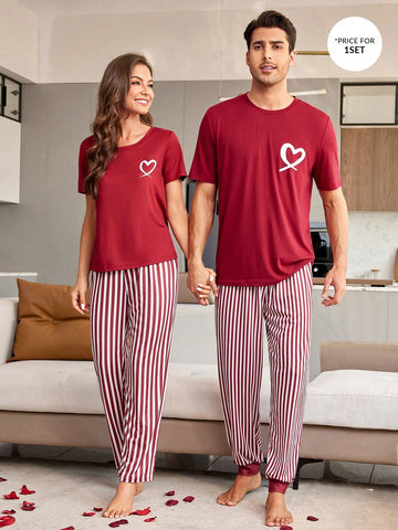 Men's Heart Printed Top And Striped Long Pants Homewear Set