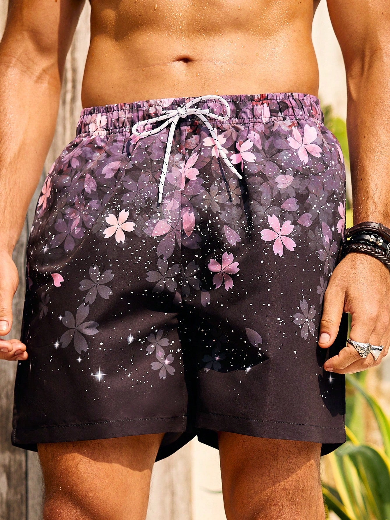 Men'S Floral Print Drawstring Beach Shorts