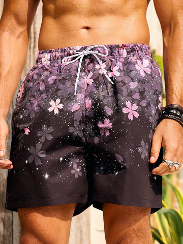 Men'S Floral Print Drawstring Beach Shorts