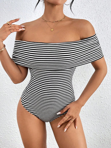 Striped Off Shoulder Skinny Bodysuit,Daily Commute ,Off Shoulder Top,Black And White Top,Summer Tops,Music Festival,Sexy And Elegant ,Going Out Tops,Work Women Tops