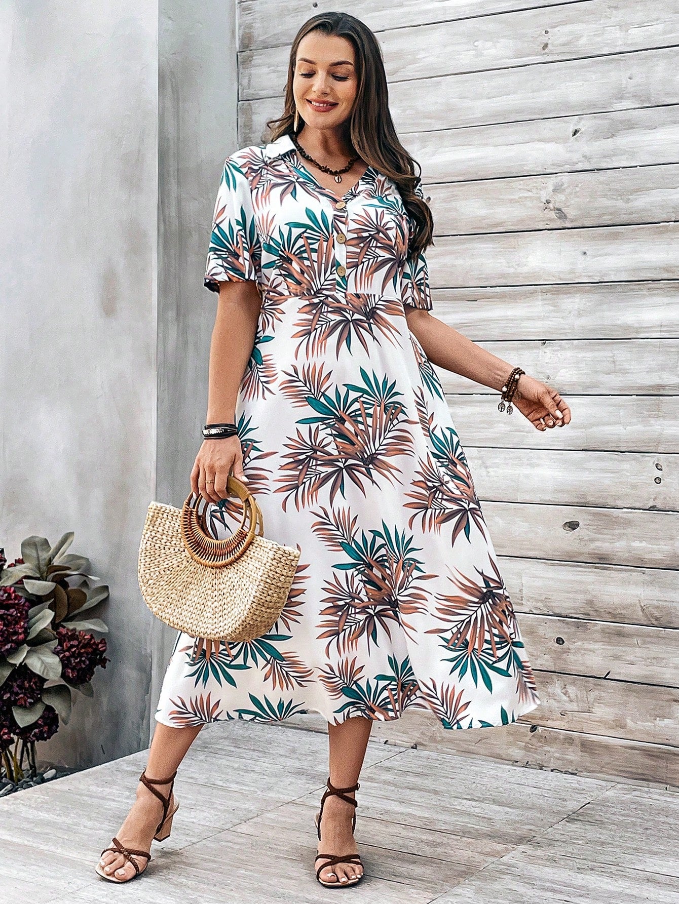 Plus Size Tropical Printed Uneven Hem Dress