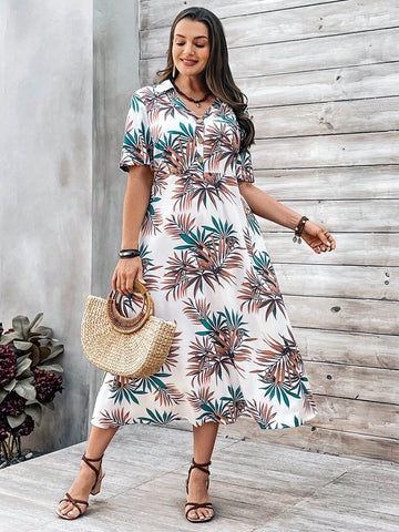 Plus Size Tropical Printed Uneven Hem Dress