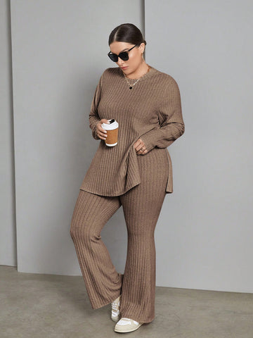 Plus Size Solid Color Rib-Knit Two Piece Set