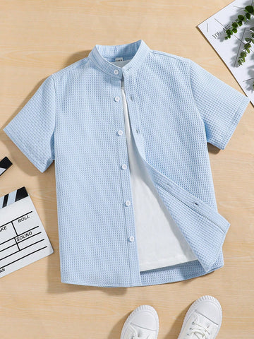 Tween Boy's Loose Fit Casual Stand Collar Solid Woven Short Sleeve Shirt