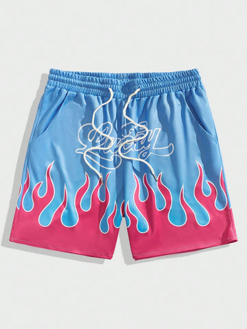Men's Letter & Flame Printed Drawstring Waist Beach Shorts For Summer