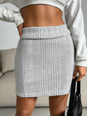 Women's Ribbed Pencil Skirt With Fold-Over Waist, Mini Length