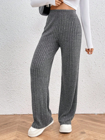 Ribbed Knit Straight-Leg Casual Pants