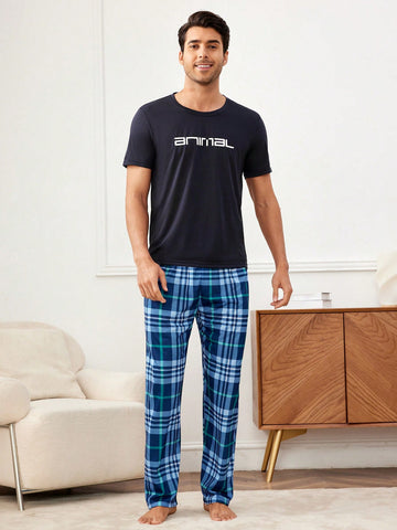 Men'S Letter Print Short Sleeve & Plaid Long Pants Homewear Set