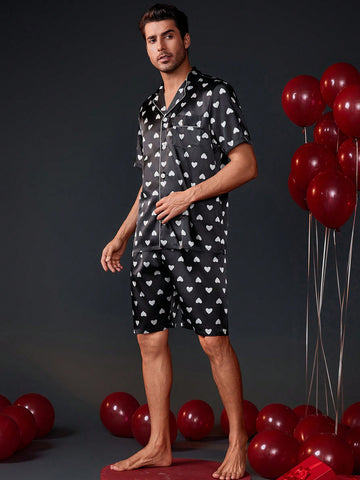 Valentine's Day Men's Heart Printed Short Sleeve And Shorts Homewear Set