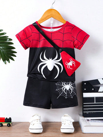 Fashionable Spider Pattern Top + Sports Shorts + Spider Web Pattern Shorts + Bag Accessory Set For Baby Boys