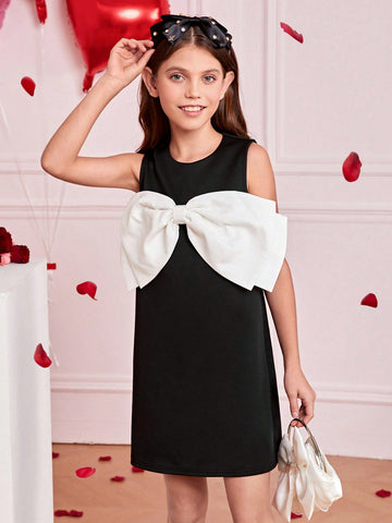 Tween Girls' Sleeveless Dress With Round Neck, Colorblock Design And Big Bow Decor, Fashionable And Elegant