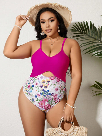 Plus Size Women'S One Piece Swimsuit With Floral Print And Hollow-Out Design