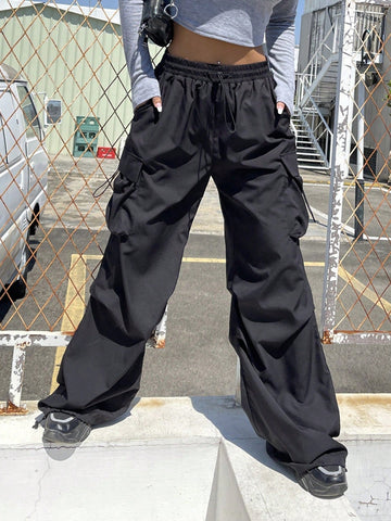 Solid Drawstring Waist Utility Trousers