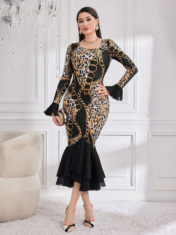 Women'S Leopard Print Chain Floral High Low Hem Dress