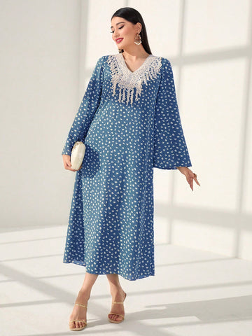 Full Printed Patchwork Water Soluble Lace V-Neck Kaftan