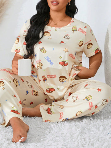 Plus Size Cartoon Printed Pajama Set