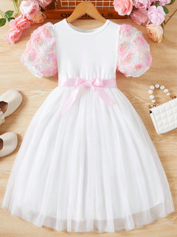 Tween Girls' Gorgeous Dreamy 3d Flower Patchwork Mesh Dress