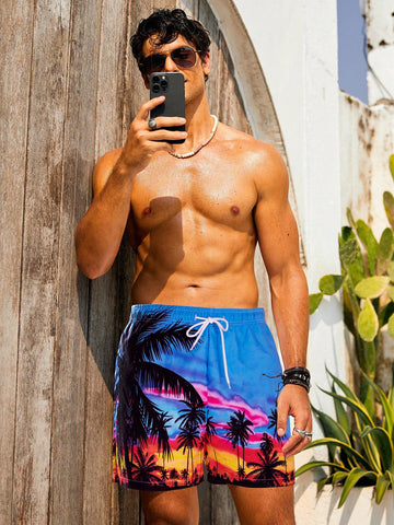 Men's Coconut Tree Printed Drawstring Beach Shorts Swimming Trunks