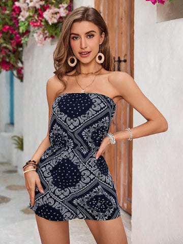 Women'S Paisley Print Strapless Jumpsuit With Shorts