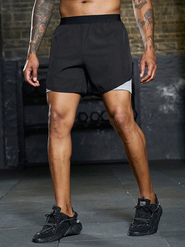 Men's Color-Block Elastic Band Lined Sports Shorts