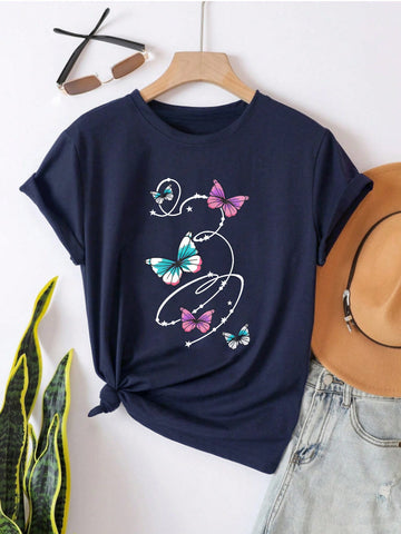 Plus Size Butterfly & Star Print Casual T-Shirt