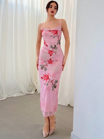 Cowl Collar Rose Printed Cami Dress