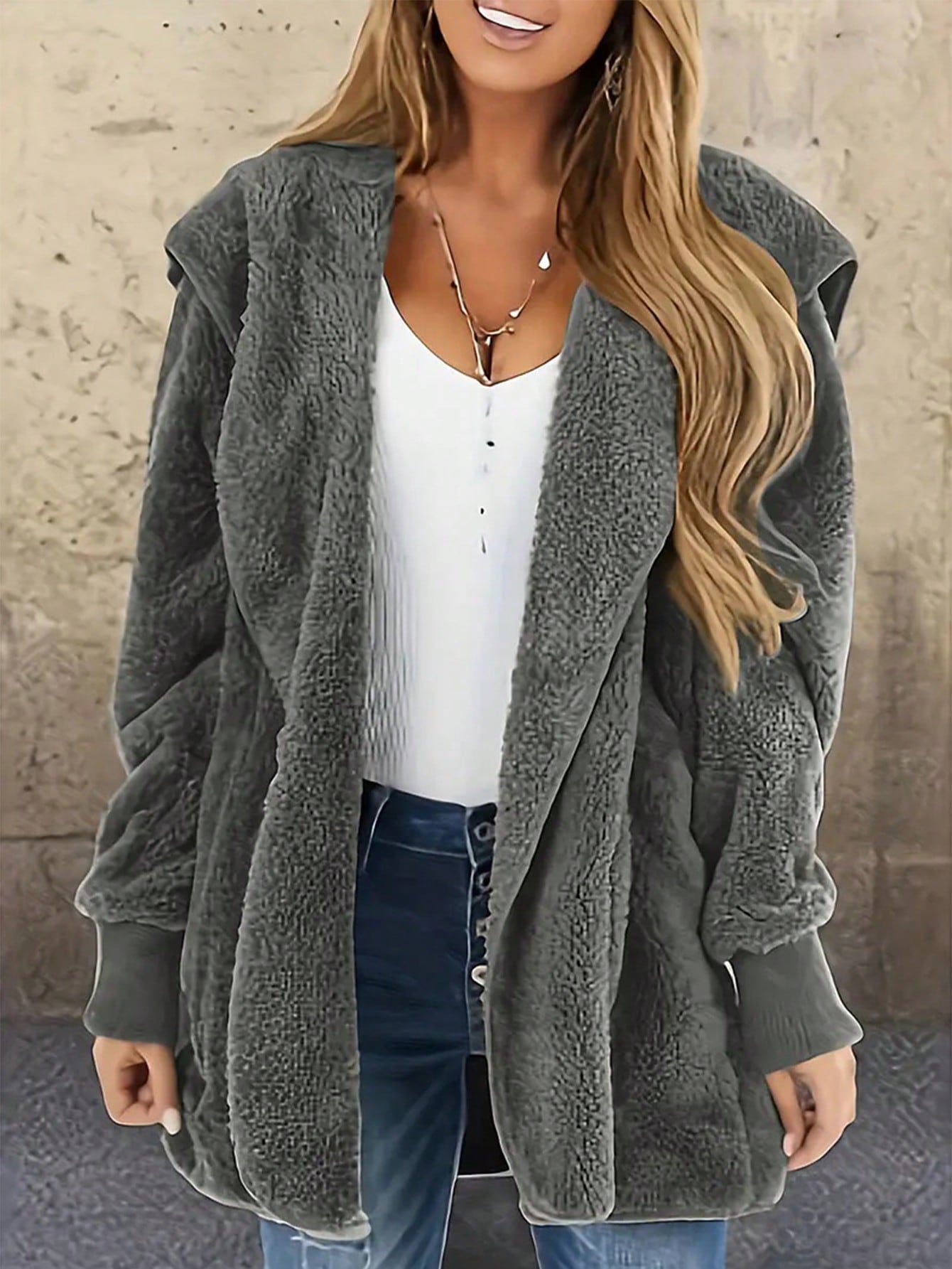 Ladies' Solid Color Plush Hooded Cardigan With Front Zipper