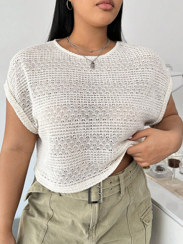 Plus Size Women's Knitted Jacquard Short Sleeve T-Shirt In Beige
