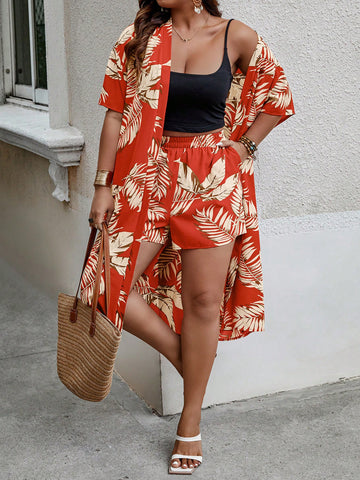 Plus Size Tropical Printed Casual 2pcs Outfit