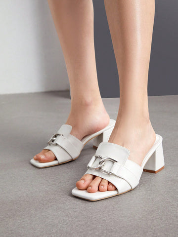 Chain Decor Square Toe Women's Fashion Chunky Heel Sandals
