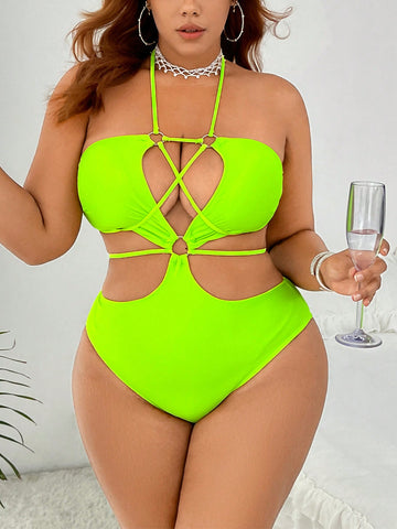 Plus Size Cut Out Halter One-Piece Swimsuit With Circular Decoration Music Festival