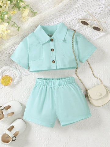 Baby Girls' Casual Short Sleeve Shirt And Shorts Set In Simple Style For Summer