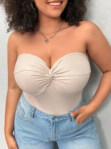 Plus Size Summer Knitted Twist-Front Tube Top In Apricot Color