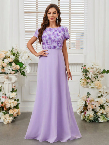 Floral Embroidery U-Back Bridesmaid Dress With 3d Effect Flowers (Adult)