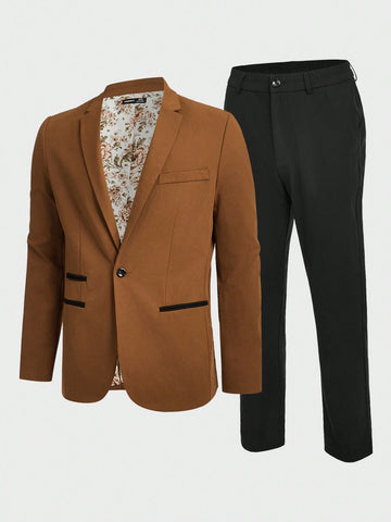 Men'S Woven Casual Suit, Single Button Suit Jacket And Pants Suit