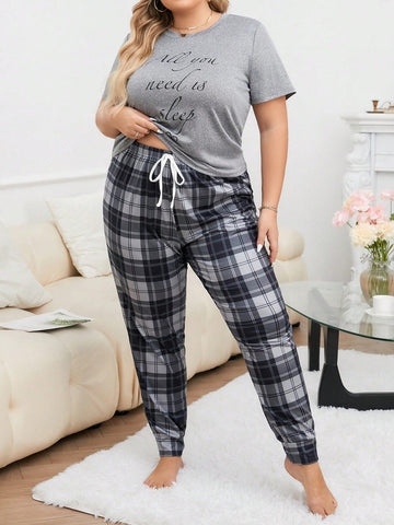Plus-Size Letter Printed Top And Plaid Bottom Pajama Set
