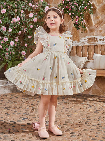 Young Girl'S Organza Embroidery Square Neck Ruffle Hem Back V-Neck Removable Bowknot Dress
