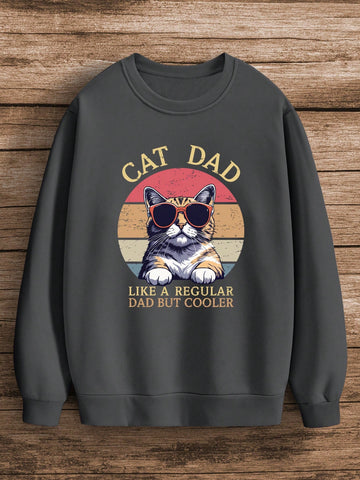 Men'S Slogan And Cat Pattern Printed Sweatshirt