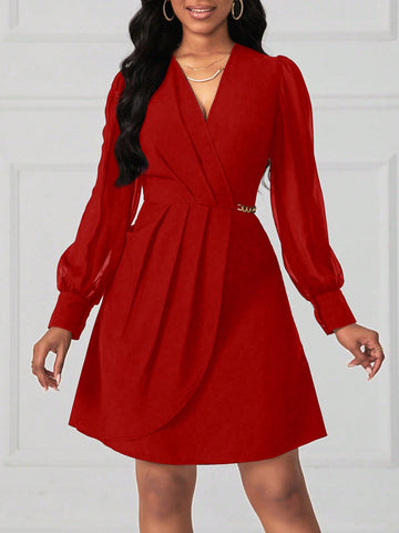 Women's Solid Color Wrap Pleated Dress