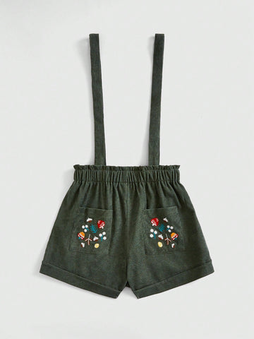 Embroidered Pocket Overall Shorts
