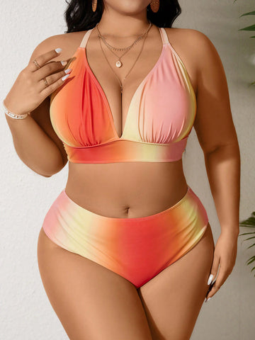 Plus Size Women'S Gradient Color Swimsuit Set