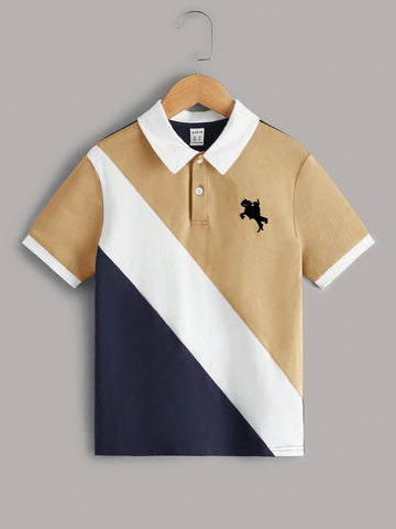Tween Boy Comfortable Casual Colorblock Polo Shirt Embroidered With Equestrian