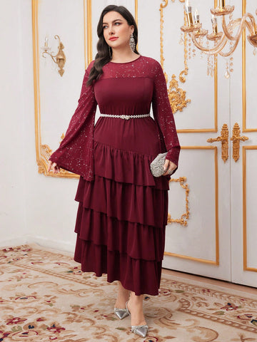 Plus Size Round Neck Multi-Layered Ruffle Hem Dress With Flounced Sleeves, Belt Not Included