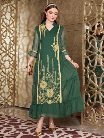 Women's Elegant Patchwork Mesh Embroidery Kaftan Dress With Ruffle Hemline