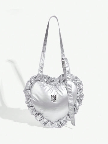 Street Style,Fashionable Y2k Style Silver Nylon Pleated Heart Shaped Crossbody Bag, Versatile And Simple