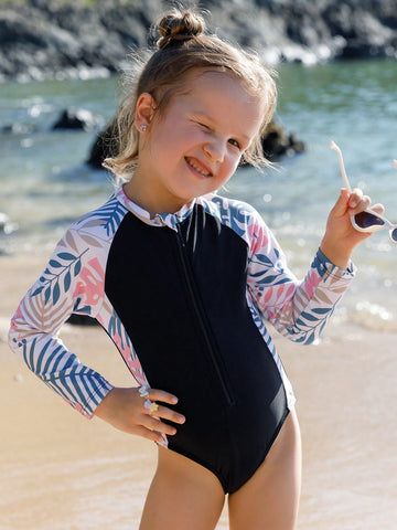 Young Girl Tropical Print Patchwork Long Sleeve One-Piece Swimwear With Front Zipper