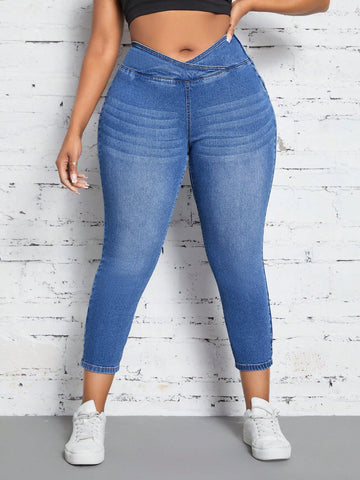Plus Size High Waist Overlapping Design Slim Fit Jeans