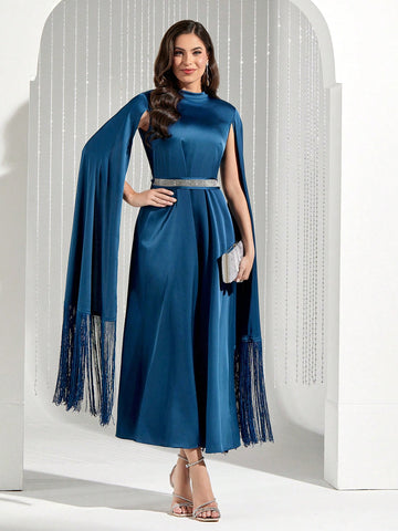 Ladies' Arabian Style Fringe Cape Sleeve Satin Dress